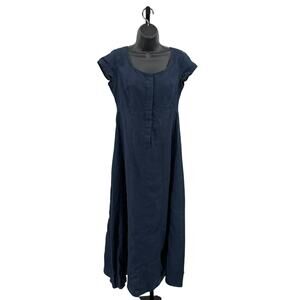 Chadwick's Midi Dress WMNS SZ 4 5-3056-8 Blue 100% Linen Button Front Scoop Neck